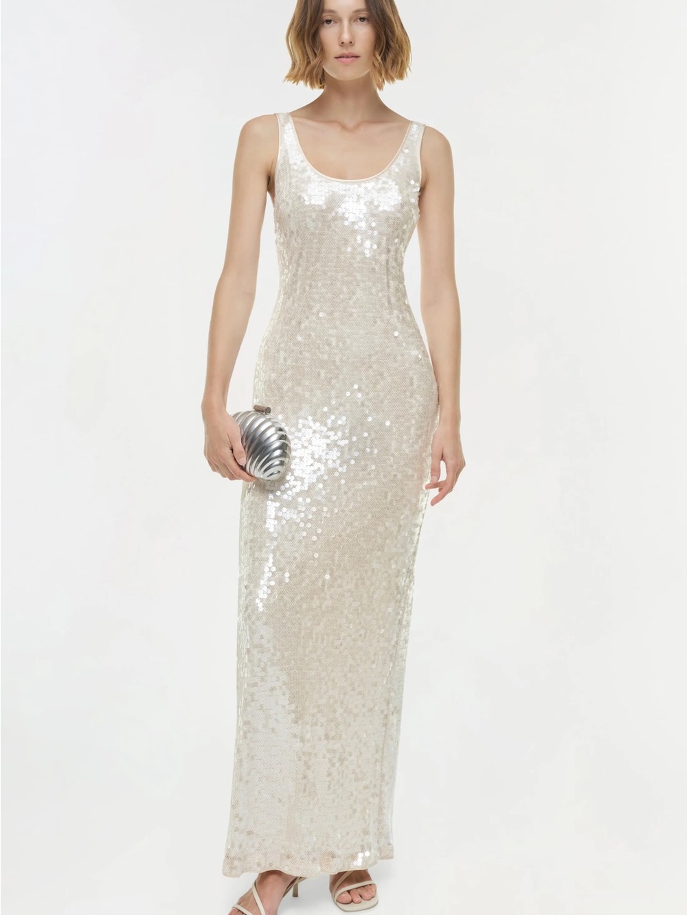 Sequin Scoop-Neck Maxi Dress in Champagne